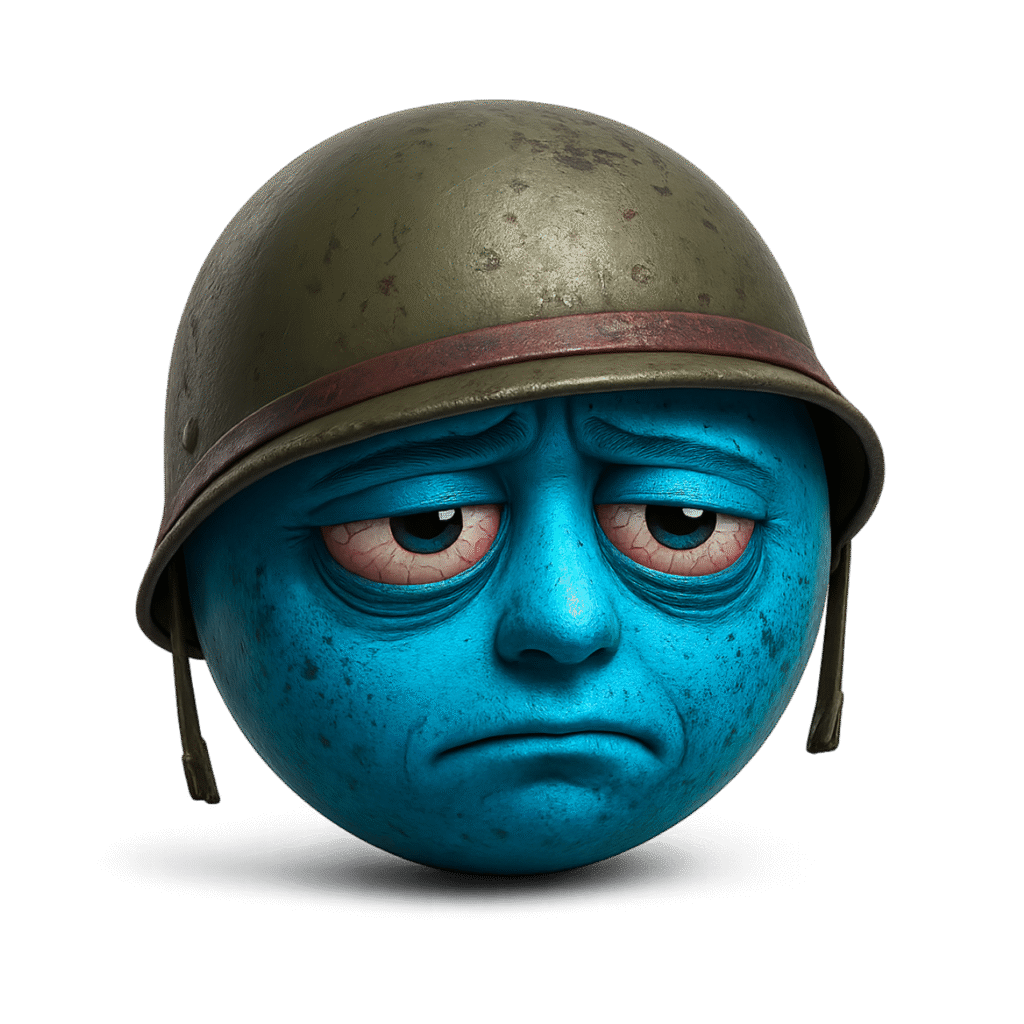 Blue emoji face with sad eyes wearing a military helmet showing thousand-yard stare