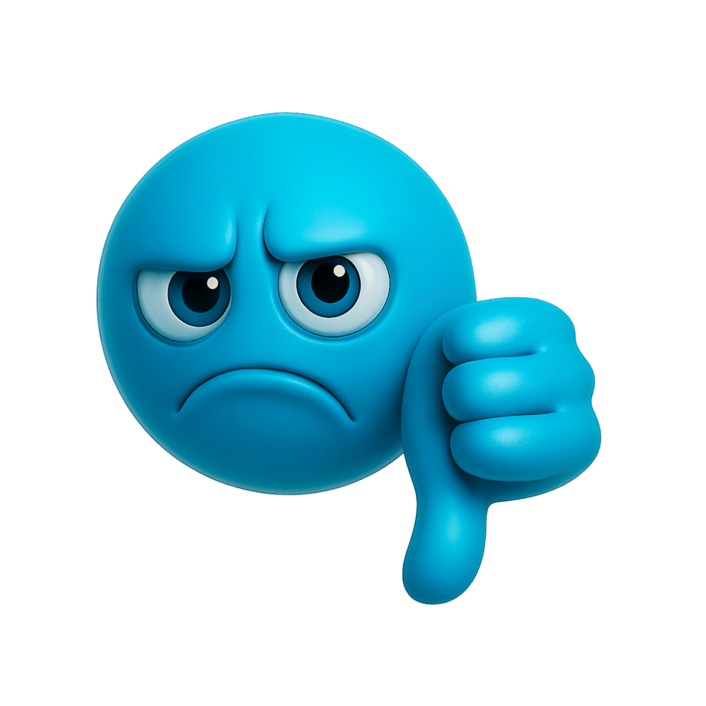 Feeling let down or disappointed? This blue 3D thumbs down emoji says it all. With expressive eyes, a deep frown, and a firm thumbs down, this emoji captures the essence of disapproval and sadness. Its cool blue color adds a subtle emotional tone, making it ideal for social reactions, meme content, or any digital message where you want to gently but clearly show dissatisfaction. With a high-resolution transparent PNG format, this emoji fits smoothly into your creative work. Download it now and let your graphics speak with emotion and clarity.