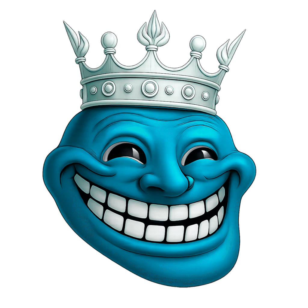 Cheeky blue troll face wearing a white royal crown, high-resolution PNG image with transparent background