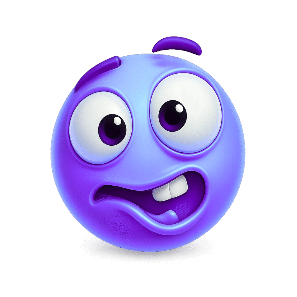 Funny 3D goofy ahh emoji in blue-violet color with weird eyes and twisted mouth – transparent PNG for memes and online reactions.