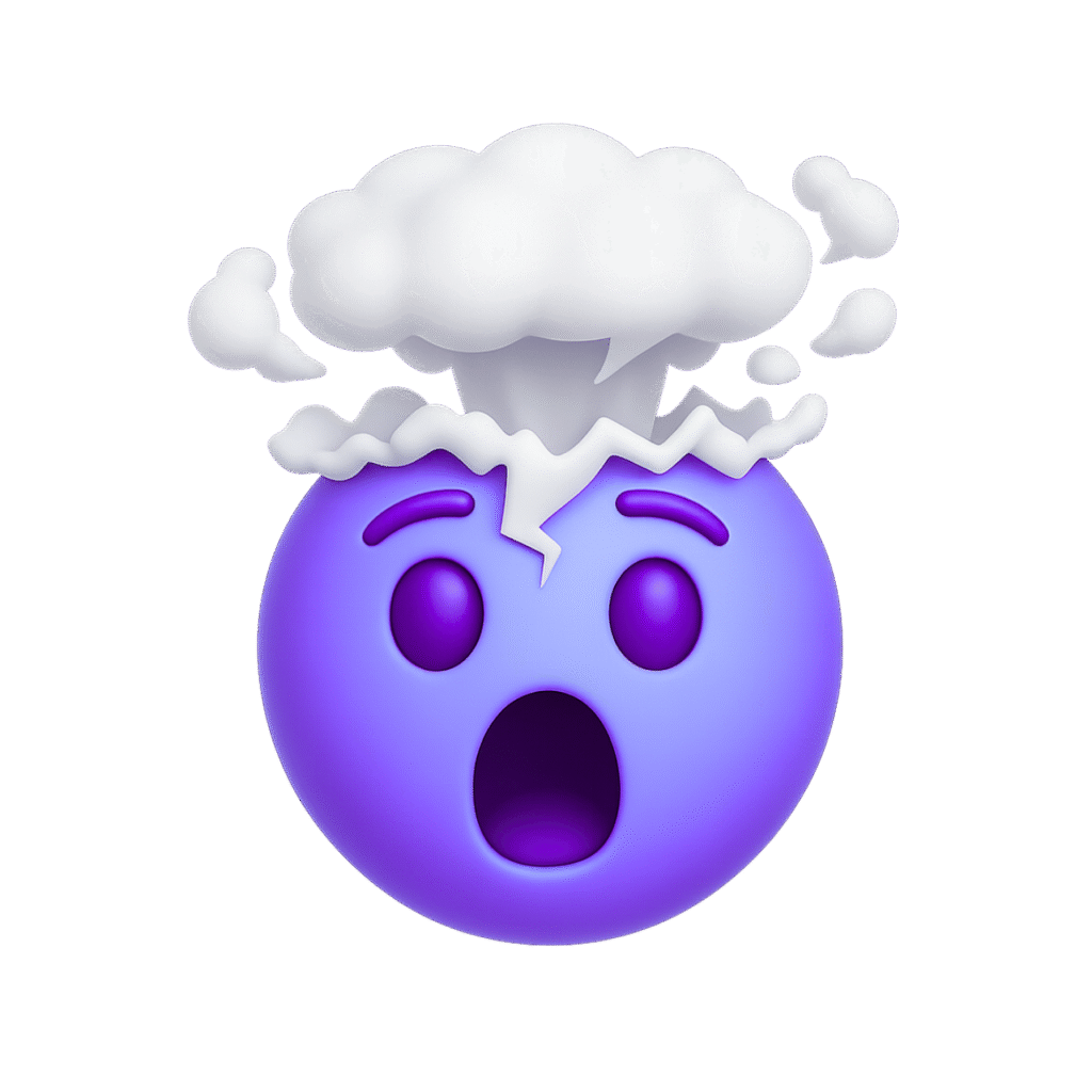 Shocked blue-violet emoji with exploding white cloud, transparent PNG background, surprised cartoon face