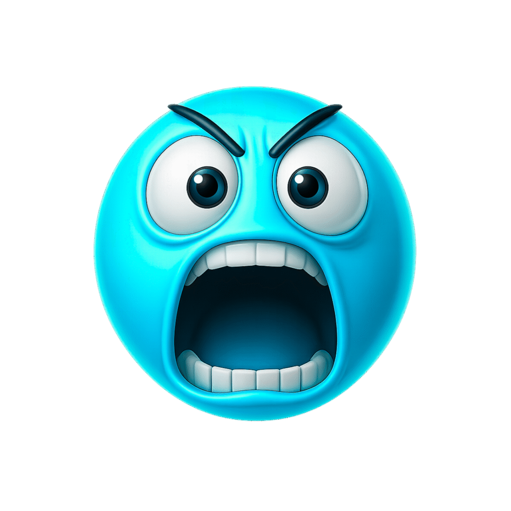 Blue 3D yelling emoji with angry wide eyes and open mouth on transparent background