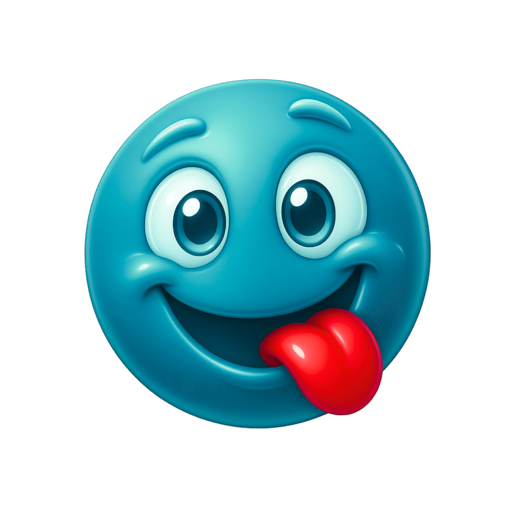 3D blue emoji face with big cartoon eyes and red tongue out in tasty expression
