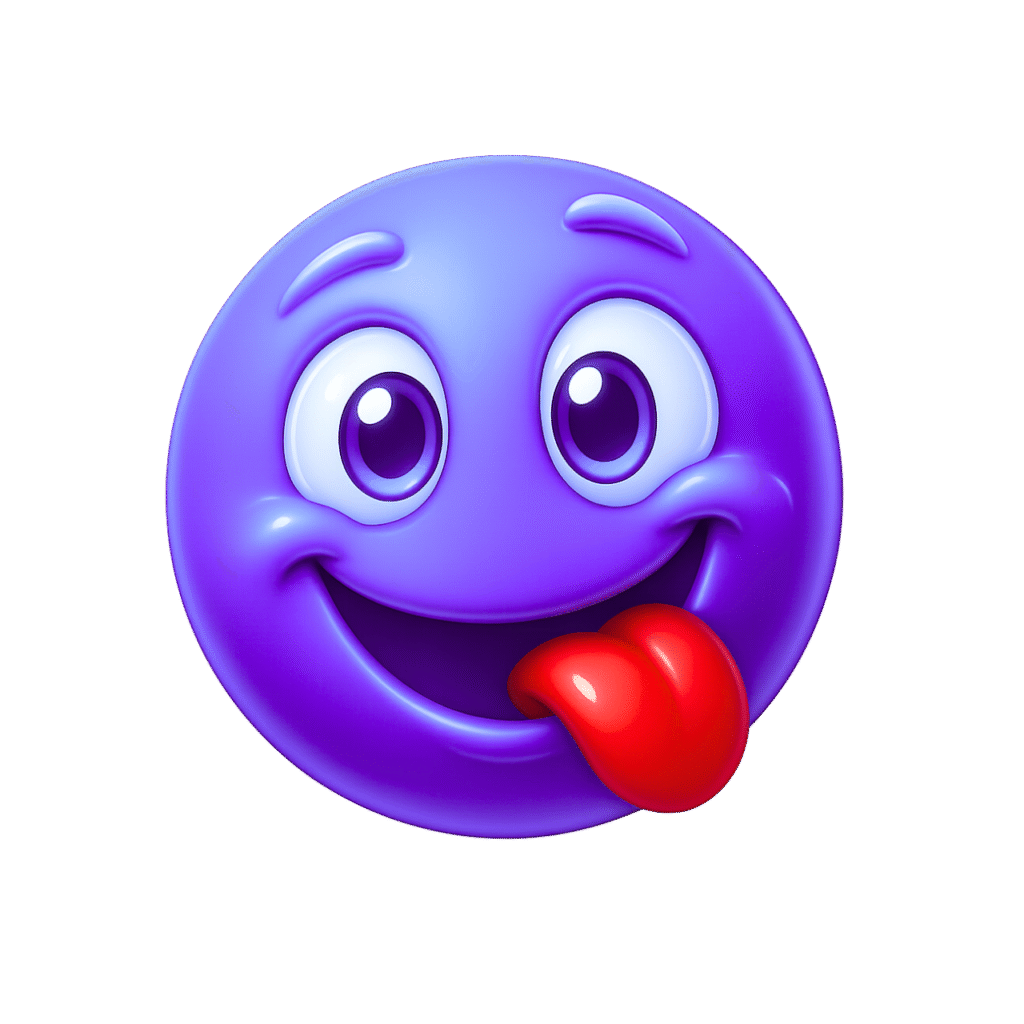 3D blue yum emoji with big eyes and red tongue sticking out playfully