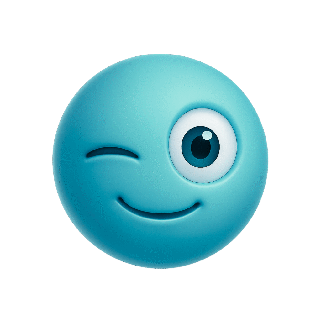 Bright blue 3D winking emoji face with cheeky smile and modern rounded design
