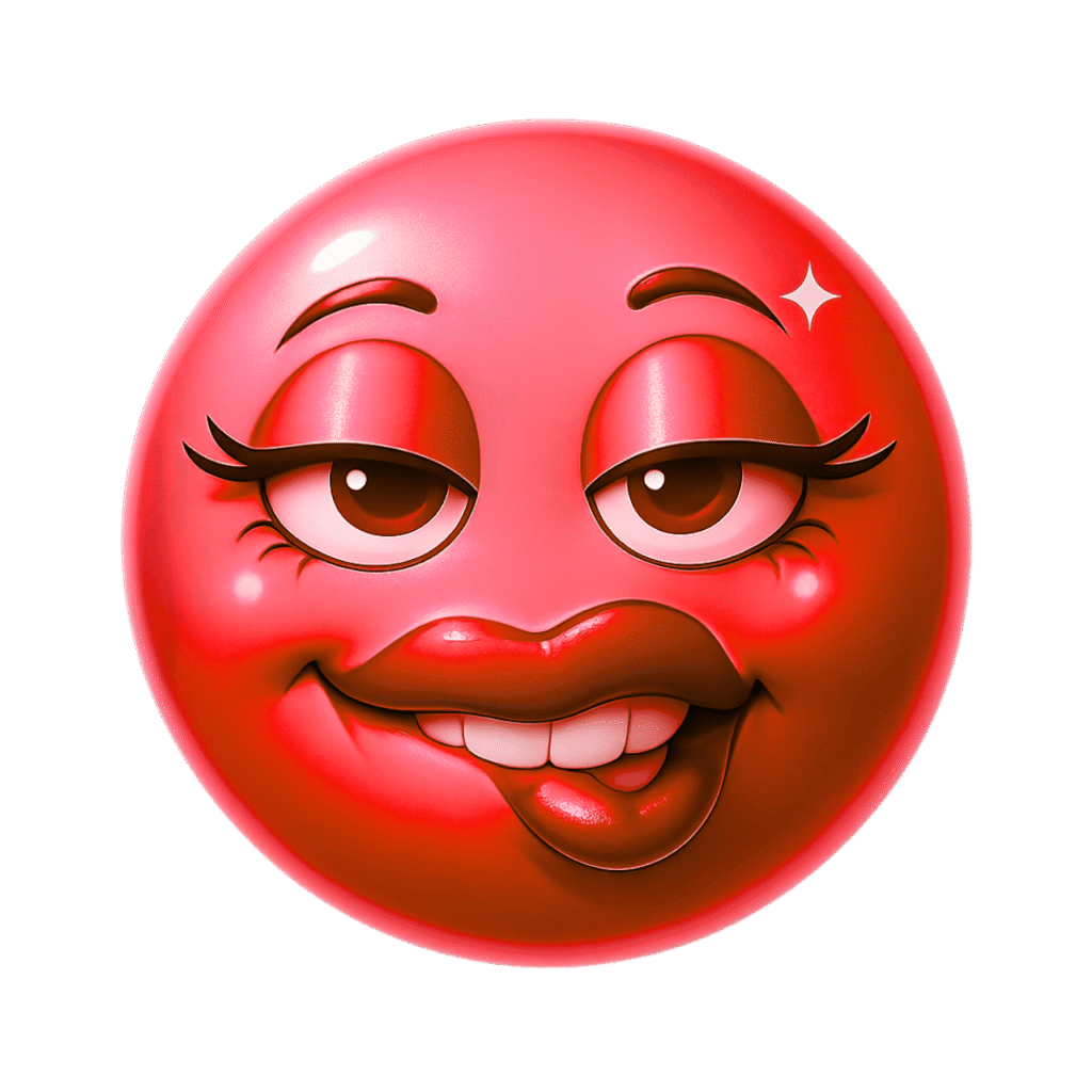 Red 3D biting lip emoji with seductive eyes, glossy lips, and playful tongue expression on transparent background