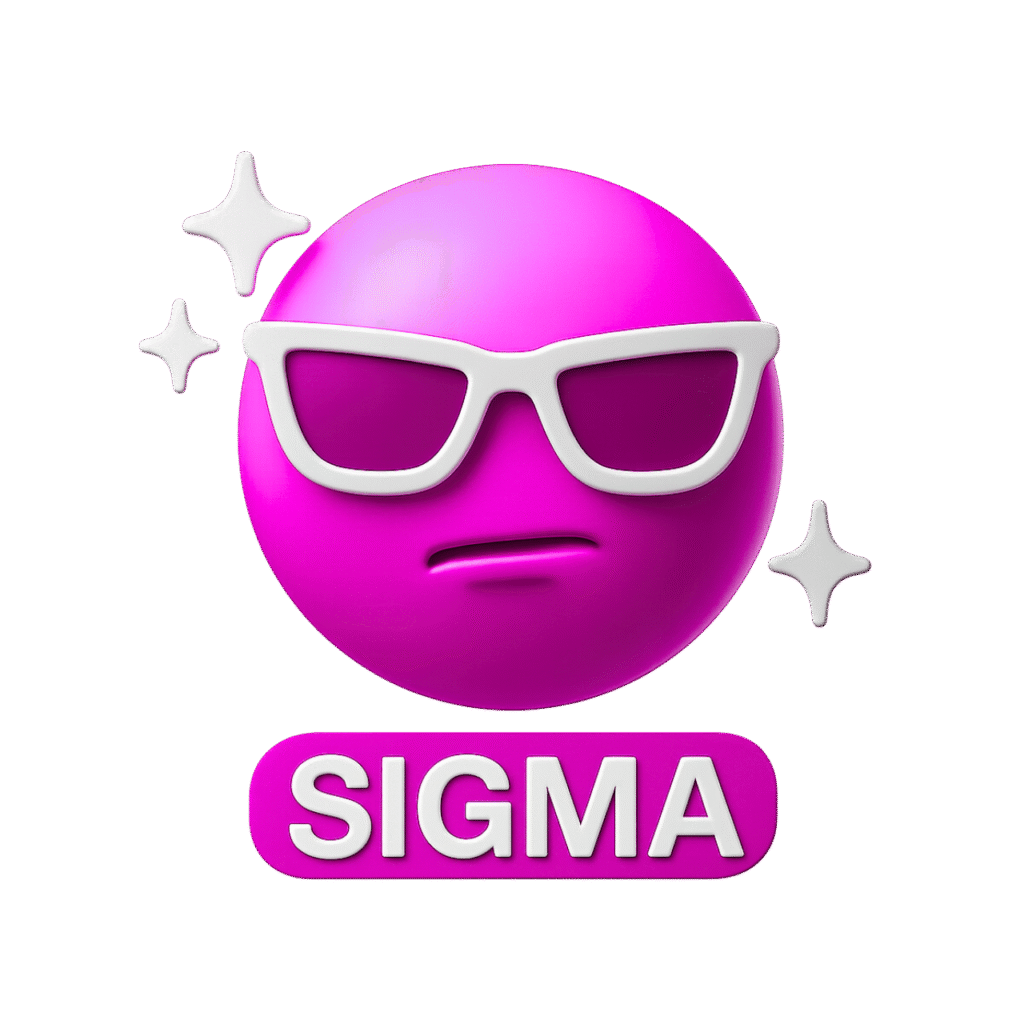3D purple sigma emoji with white sunglasses and confident expression, sparkles around, and "SIGMA" text below on a transparent background