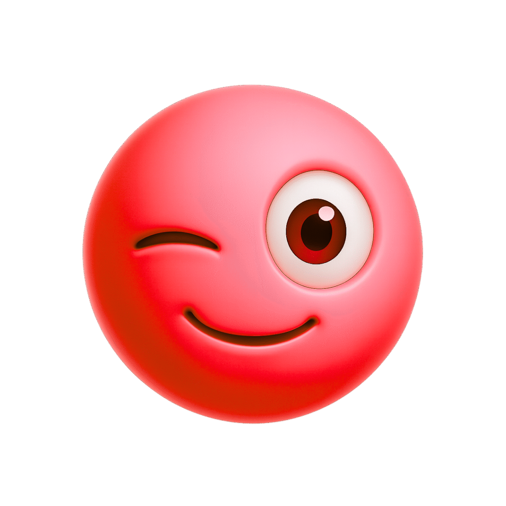 Red winking emoji with one eye closed and flirty smile in 3D design