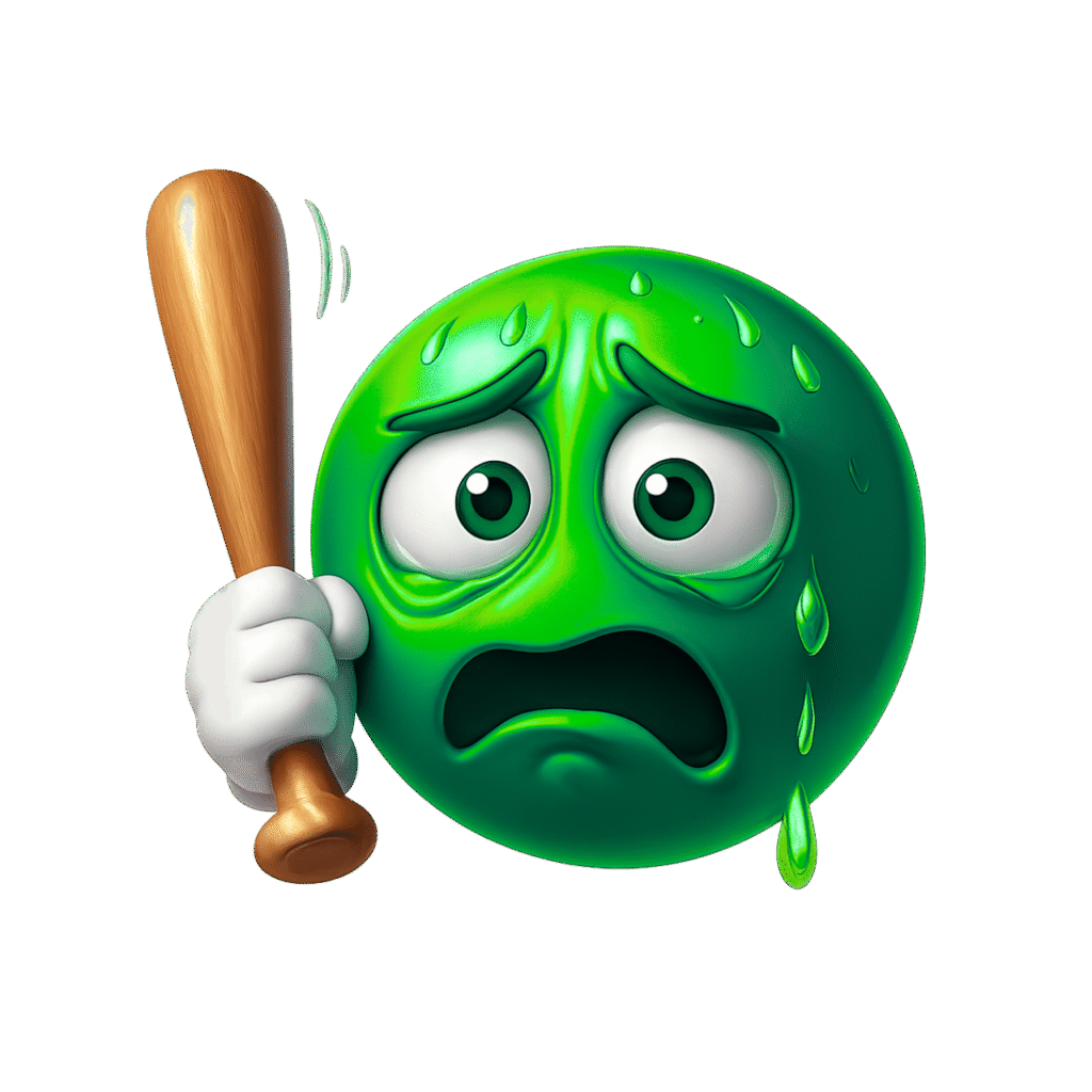 3D bright green scared emoji holding wooden bat and sweating, transparent background