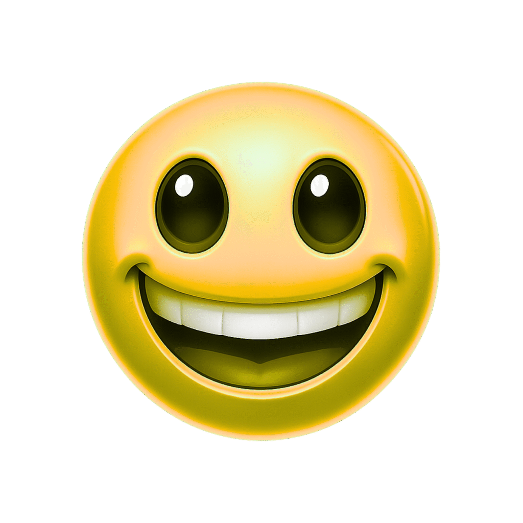 Yellow glossy happy emoji face with big cartoon eyes and wide toothy smile PNG