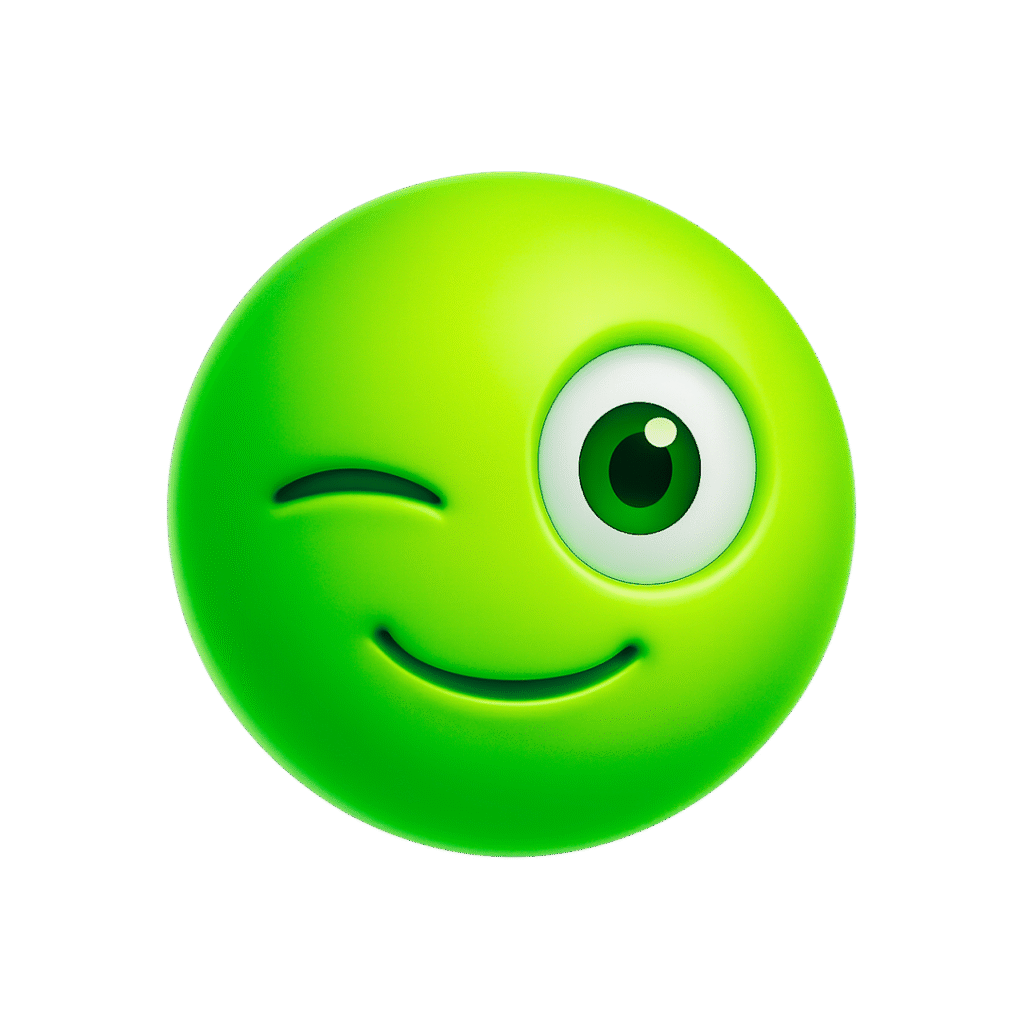 Green winking emoji with playful expression and wide open eye in 3D style
