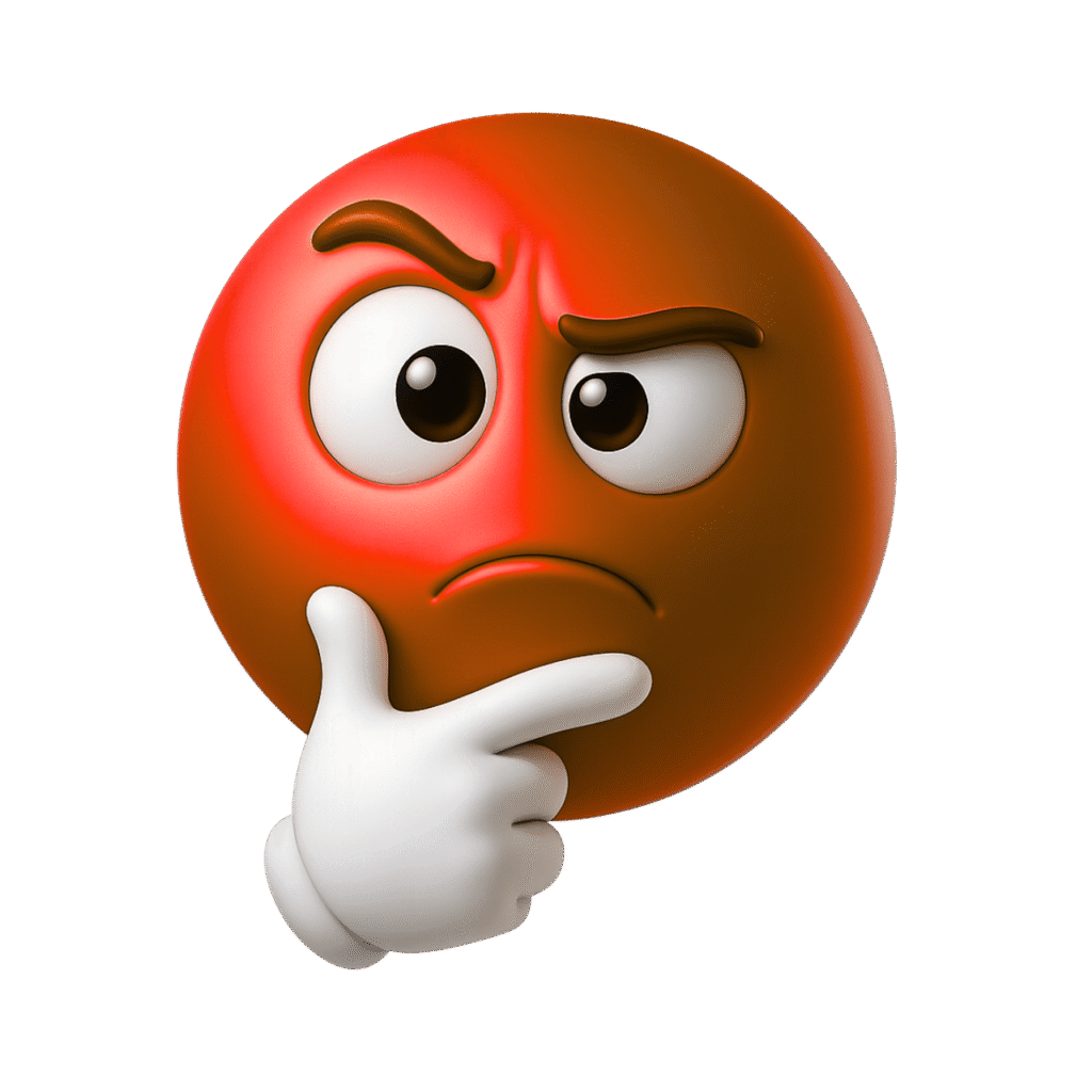 Brown 3D Thinking Emoji with Raised Eyebrows and White Glove Hand on Chin in Confused Pose PNG