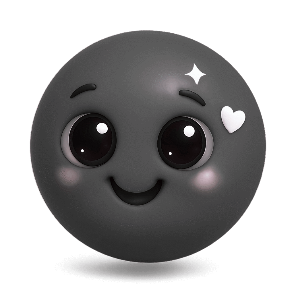 Cute 3D black emoji with big shiny eyes, white heart and sparkle on transparent background