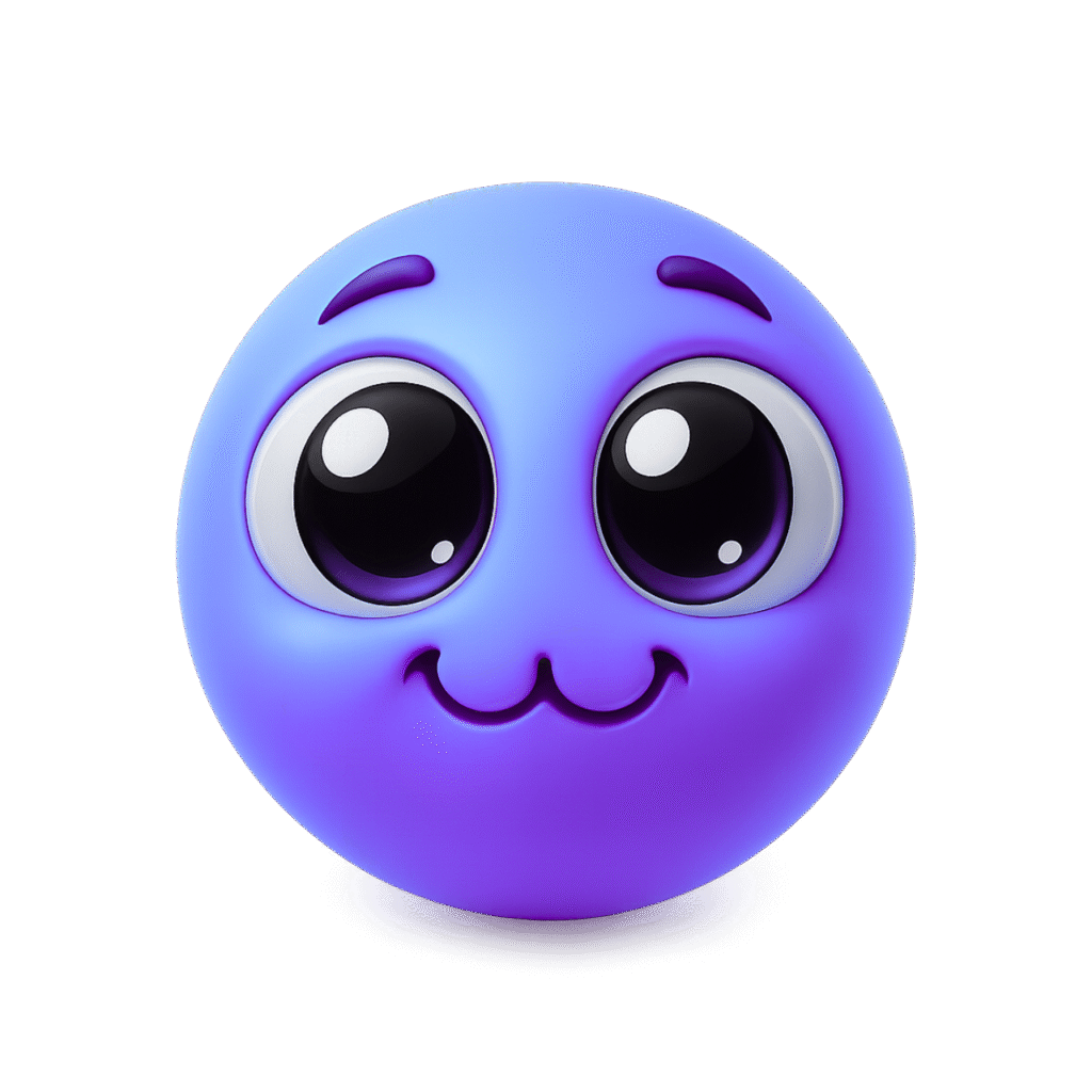 Glossy Blue-Purple 3D Emoji with Cute :3 Expression and Big Shiny Eyes