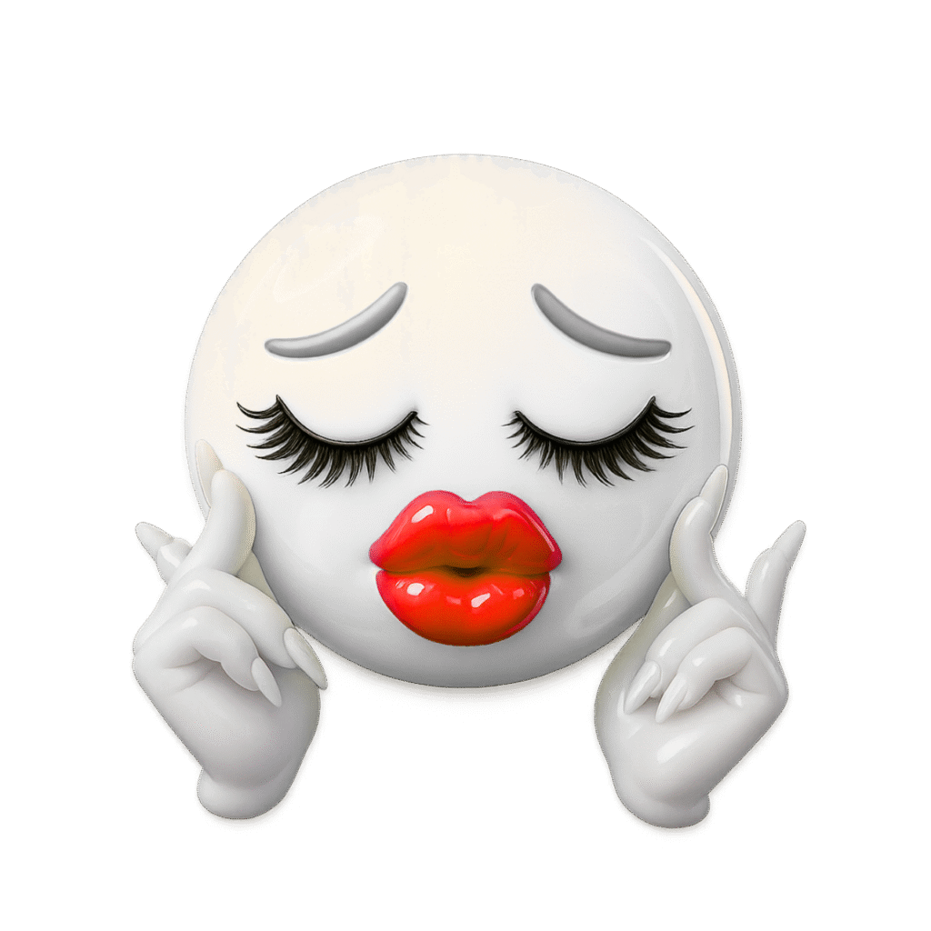 White emoji with red pouty lips, dramatic lashes, and glam hand pose expressing sass
