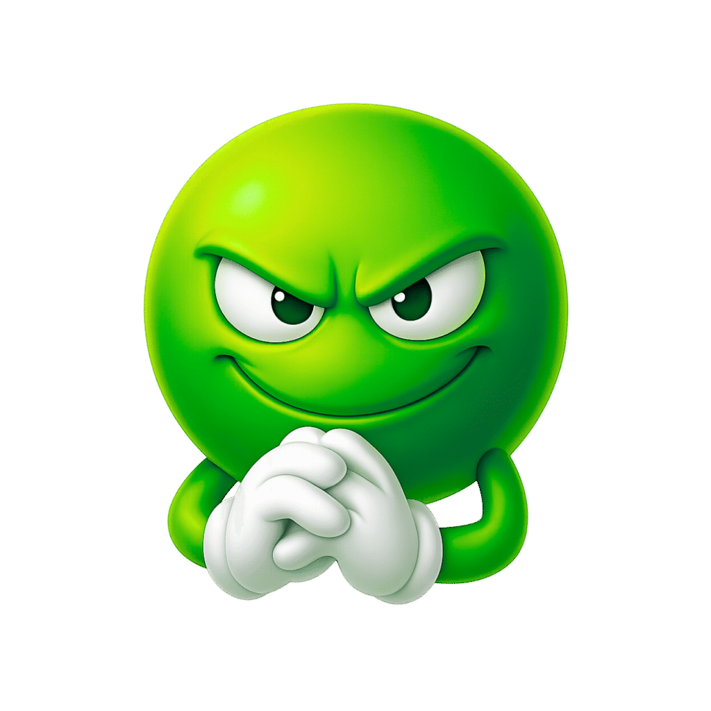 Green mischievous emoji with sly expression and clasped hands in plotting gesture