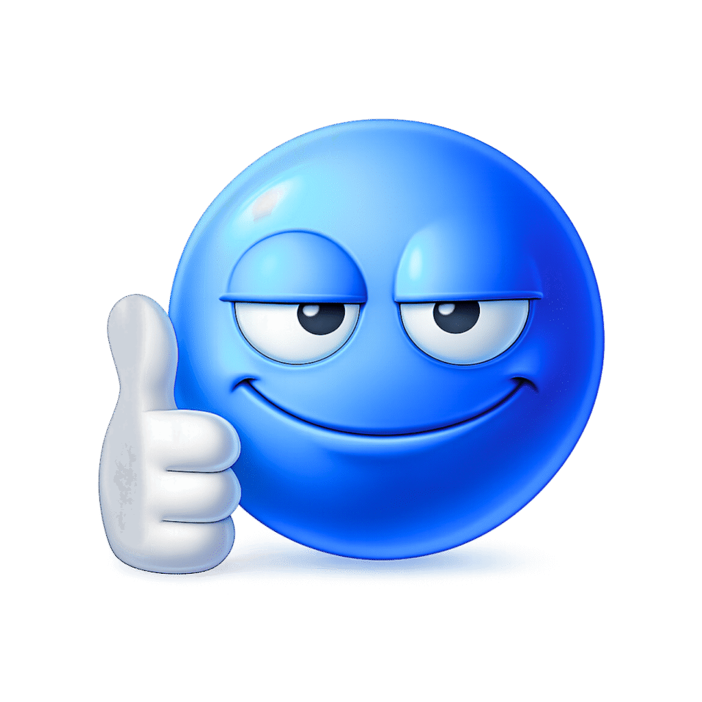 Blue Smirking Emoji Giving Thumbs Up for Approval or Satisfaction