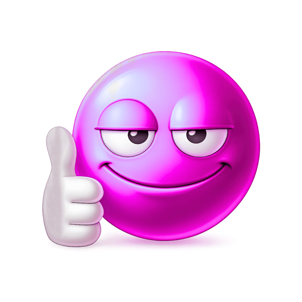 Glossy purple 3D emoji face with relaxed eyes and a thumbs-up gesture on a transparent background