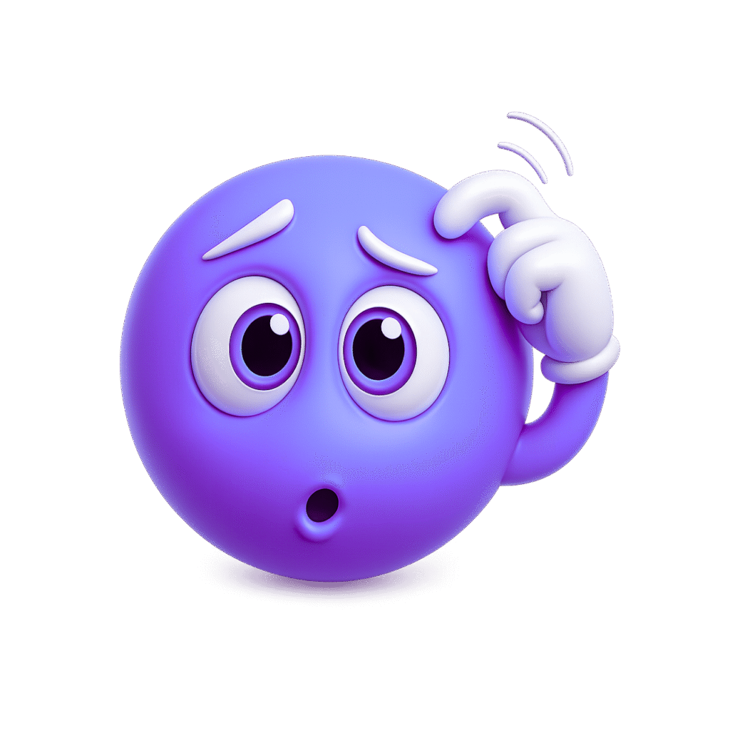 3D cartoon-style purple emoji scratching head with confused expression