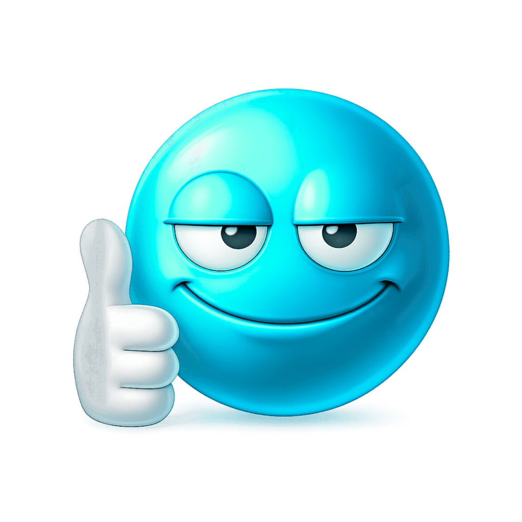 Blue 3D emoji with a confident smile and raised thumb, showing approval on a transparent background