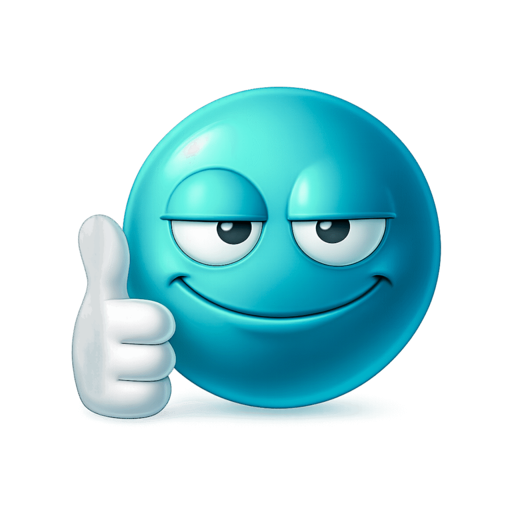 3D blue emoji face with a confident smirk and thumbs-up gesture on a transparent background