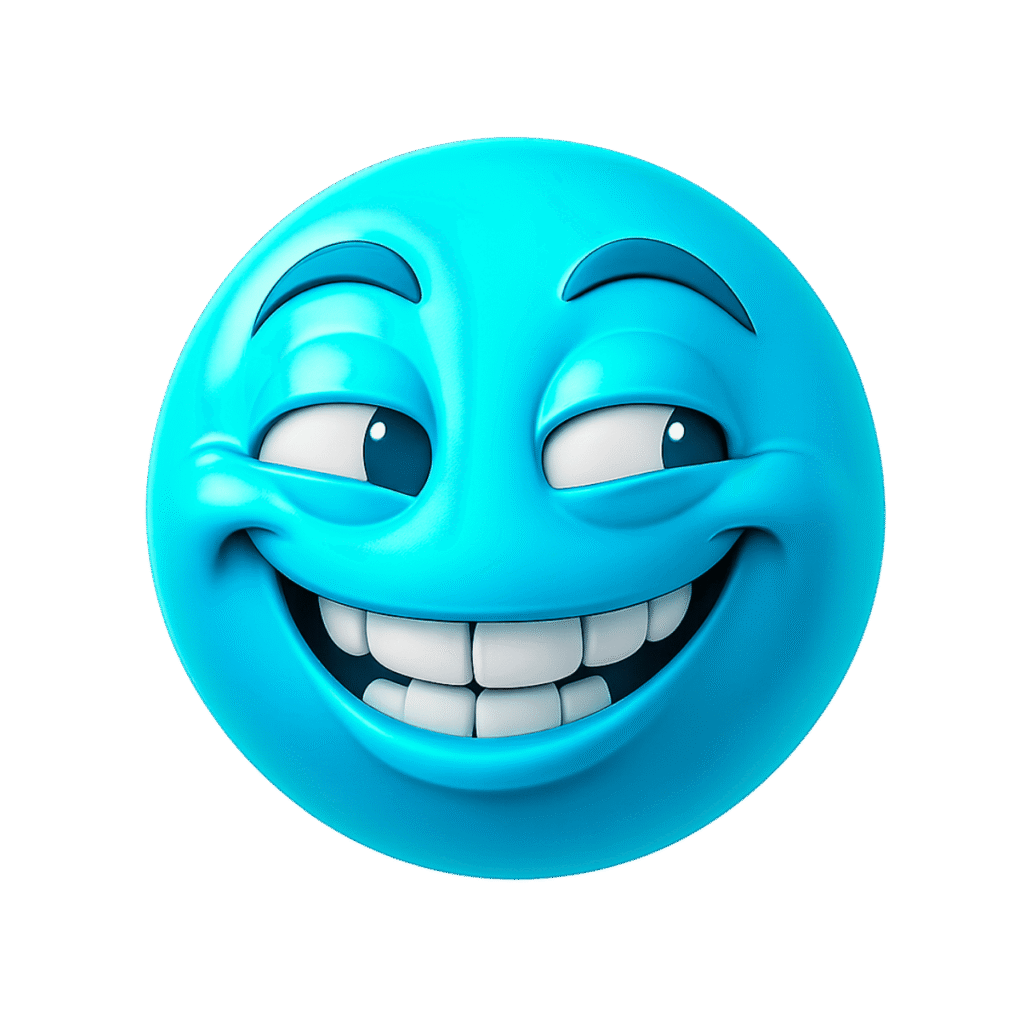 Blue 3D smirking emoji with raised eyebrows and mischievous eyes on transparent background