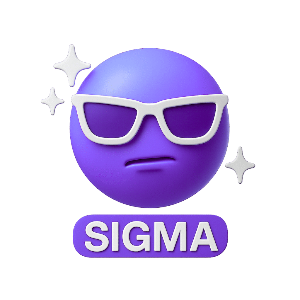 3D blue sigma emoji with white sunglasses, confident facial expression, and sparkles, featuring “SIGMA” text on a transparent background