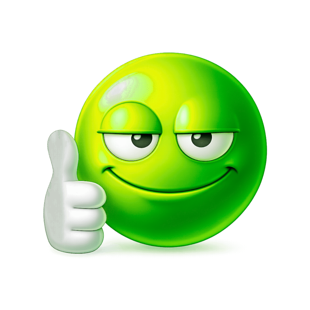 Green Emoji Smirking with Thumbs Up for Confident Approval and Positive Reaction