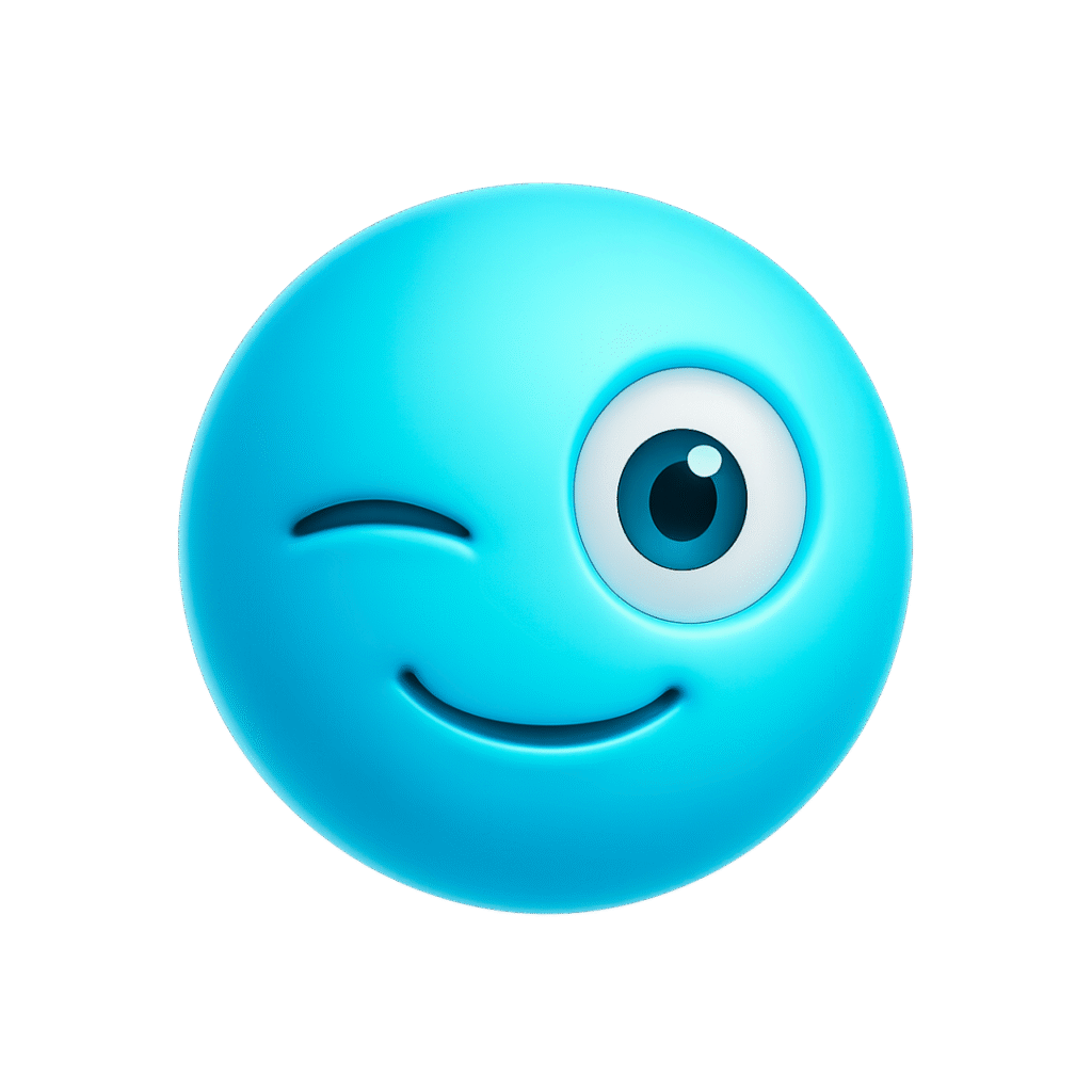 Bright blue 3D winking emoji with playful smile and one eye closed