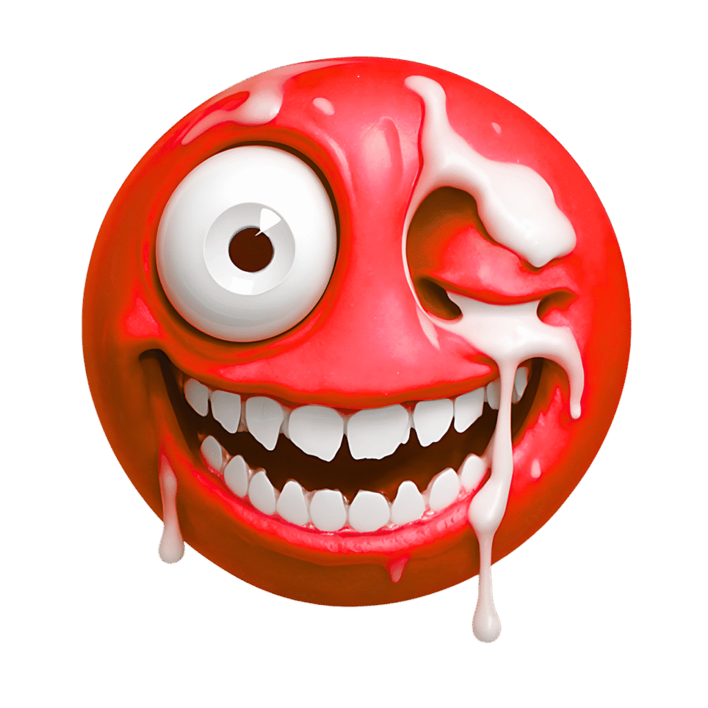 Freaky red emoji with crazy grin, bulging eye, and melting cream texture