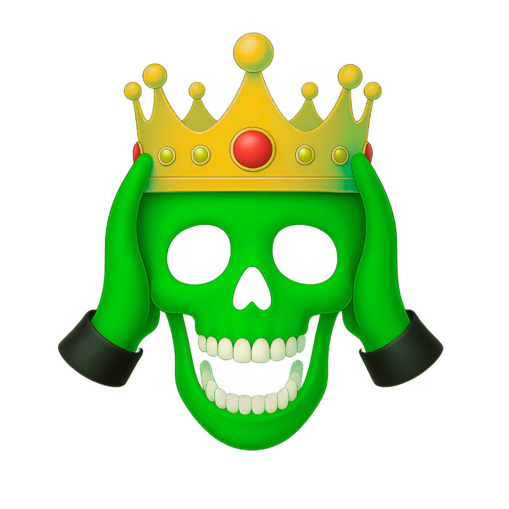 Green Skull Emoji Wearing Gold Crown – 3D Transparent ClipArt PNG