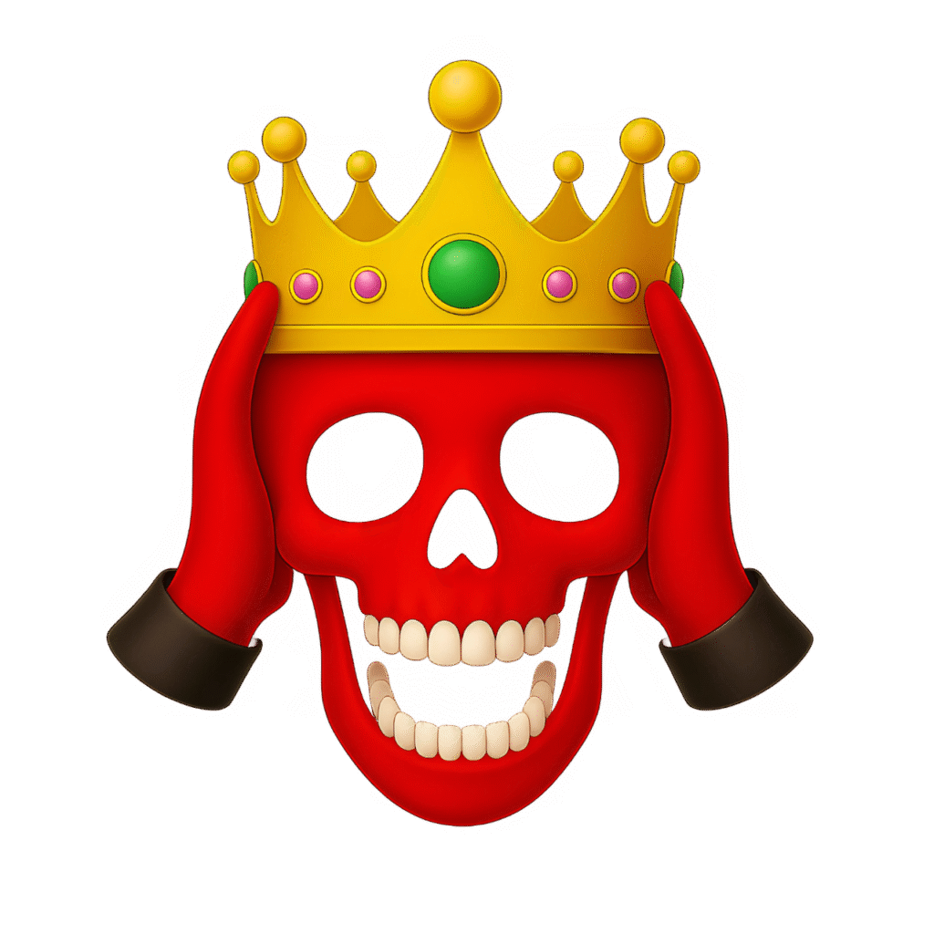 Red skull emoji wearing a golden royal crown with jeweled accents, held by gloved red hands – high-resolution PNG with transparent background.