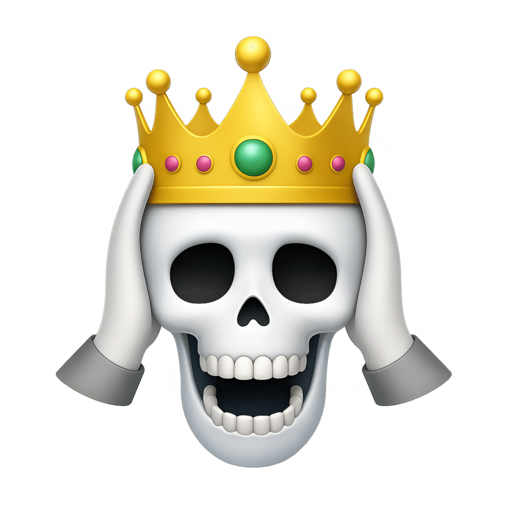 White Skull Emoji with Gold Royal Crown – 3D Transparent ClipArt PNG