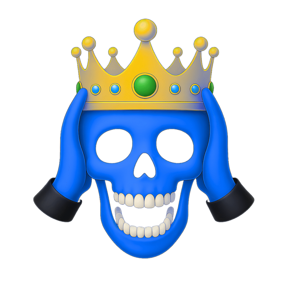 Blue Skull Emoji Wearing a Royal Crown with Hands on Head – 3D ClipArt PNG