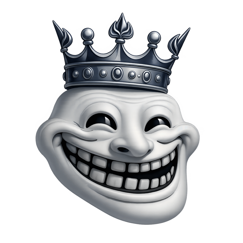 3D-rendered troll face with metallic crown, grinning expression on a transparent background in PNG format.