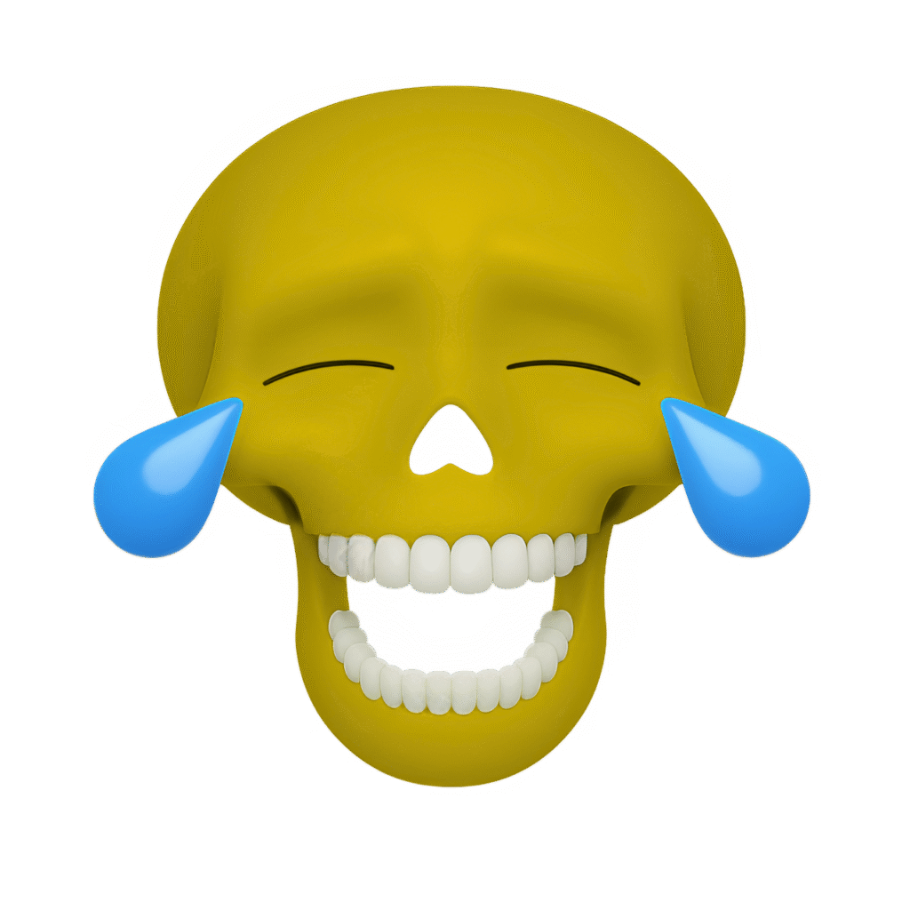 Yellow Crying Skull Emoji PNG – 3D Funny Laughing Skull Clipart with Blue Tears on Transparent Background