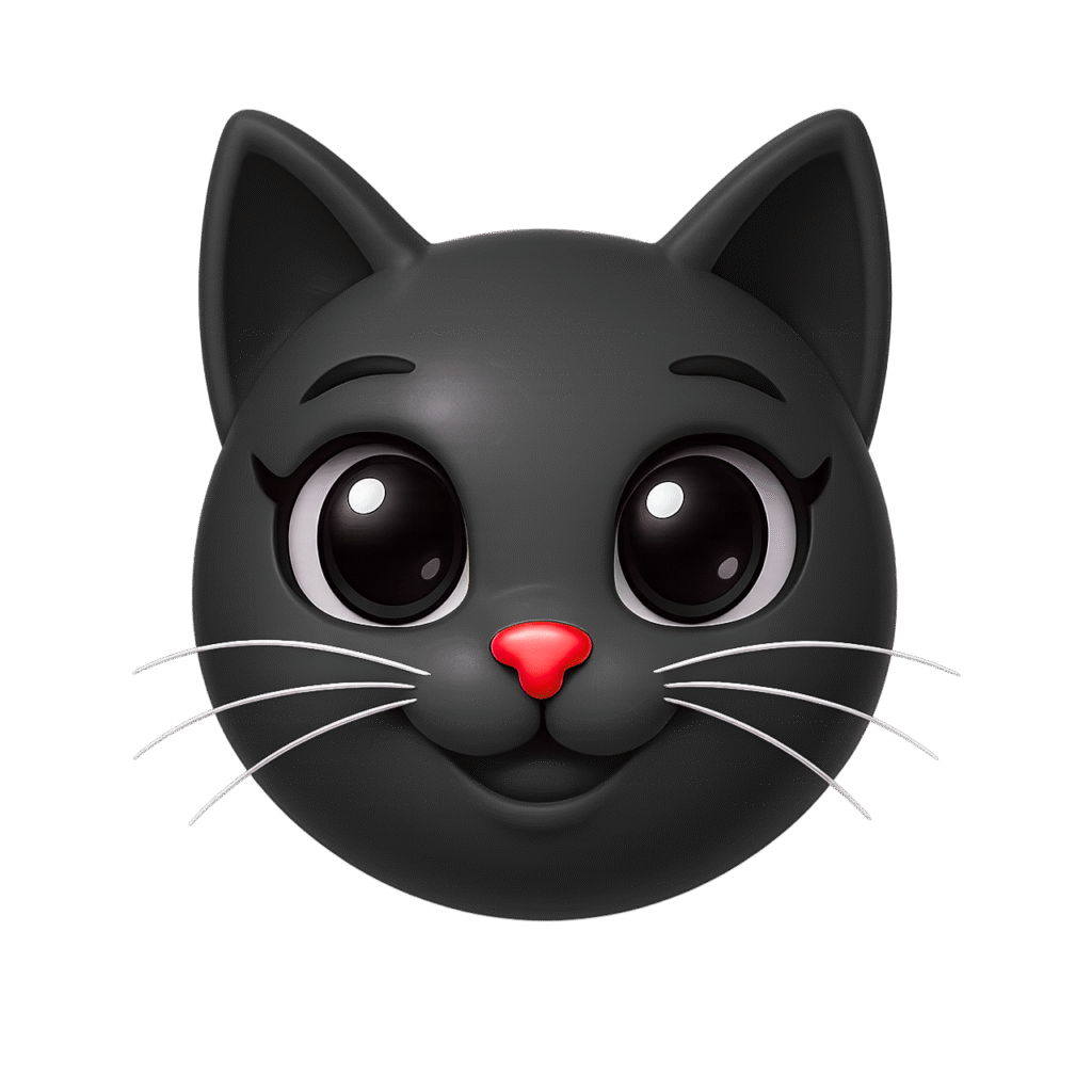 3D black cat face emoji with shiny texture, red nose, big sparkling eyes, and whiskers