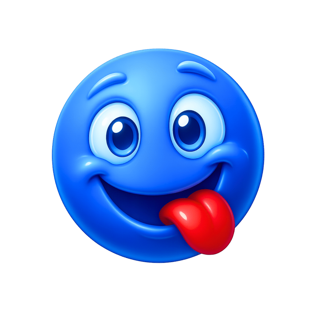 3D Yum Emoji with Red Tongue and Glossy Blue Face on Transparent Background