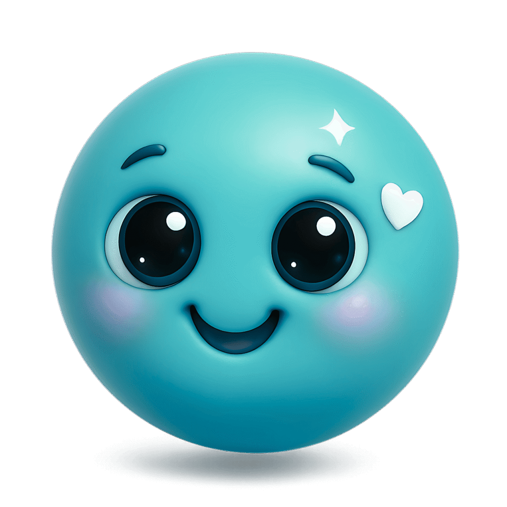 Smiling blue emoji with large shiny eyes, a white heart on cheek, and sparkle on forehead