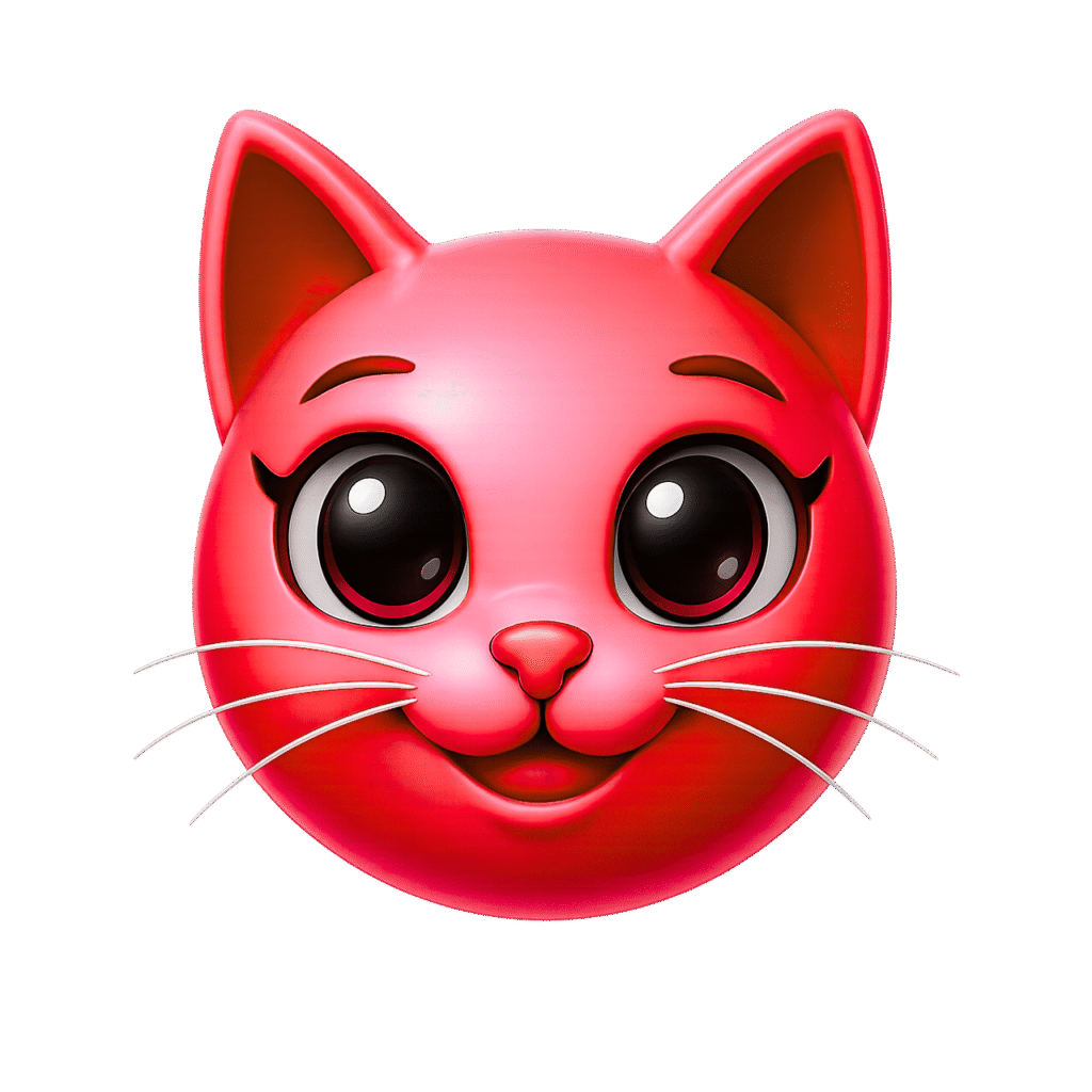 Adorable pink cat face emoji with large shiny eyes, 3D cartoon style, and a cheerful expression on a transparent background