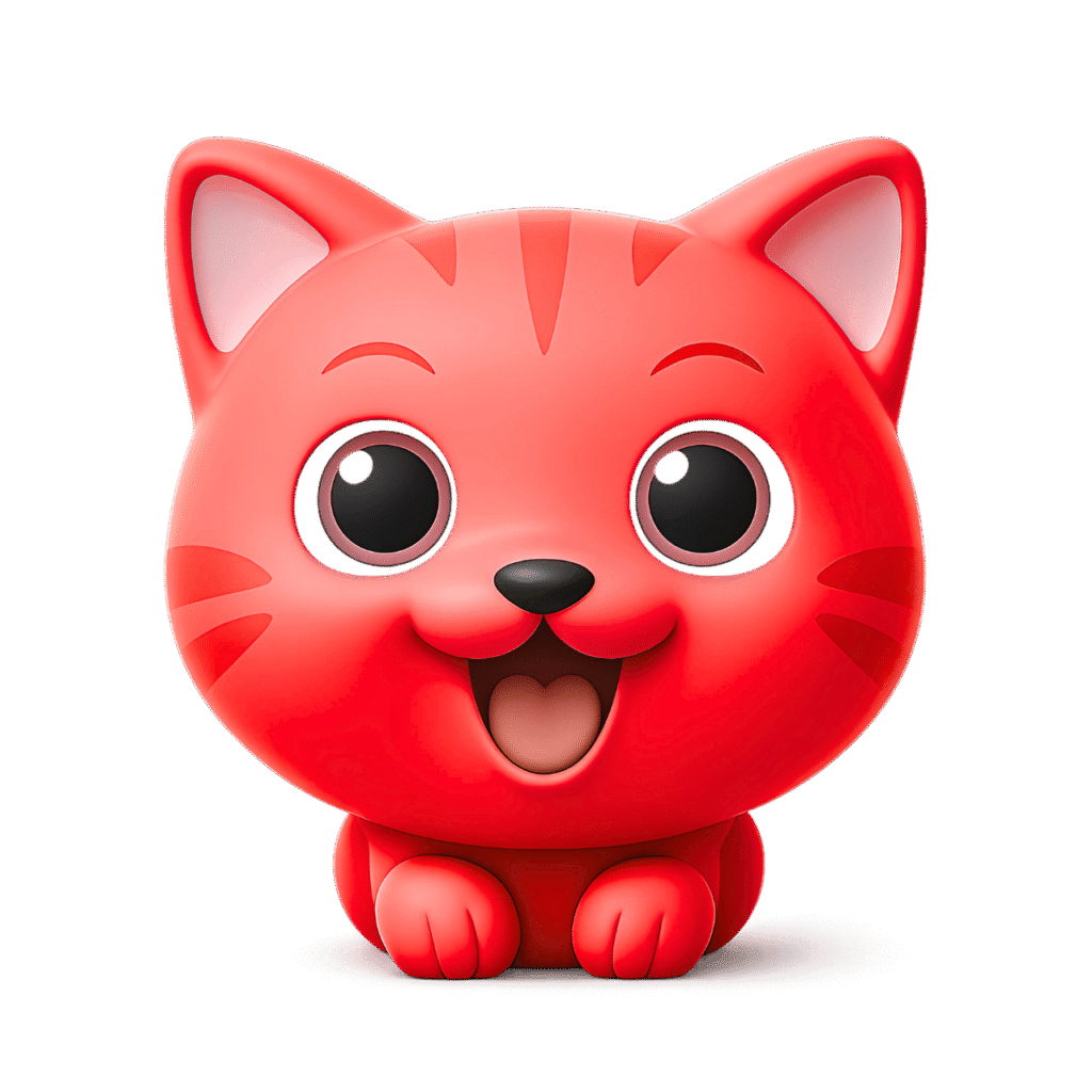 Red Cartoon Cat Emoji with Big Eyes and Happy Expression – Cute Transparent PNG Clipart
