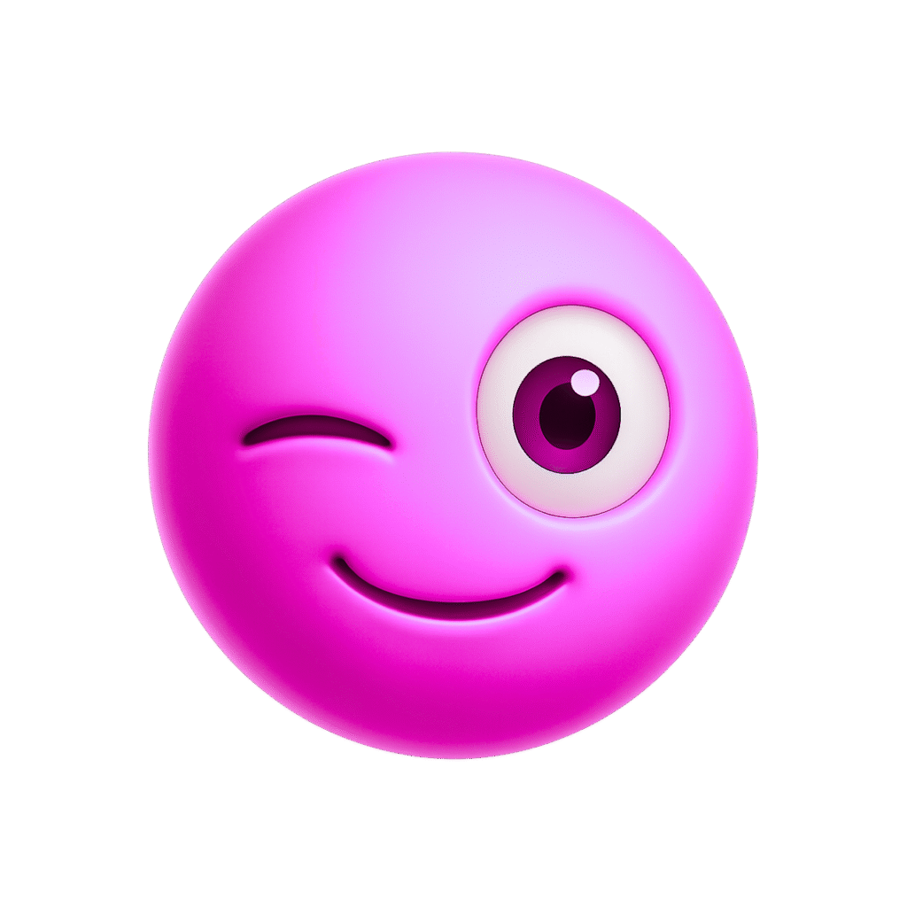 Vibrant pink 3D emoji face winking playfully with a cheerful smile