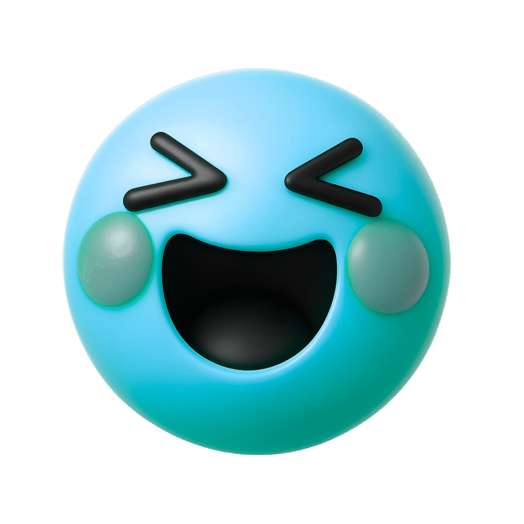 3D cyan blue emoji with closed eyes and big laughing mouth, cartoon style with green blush cheeks