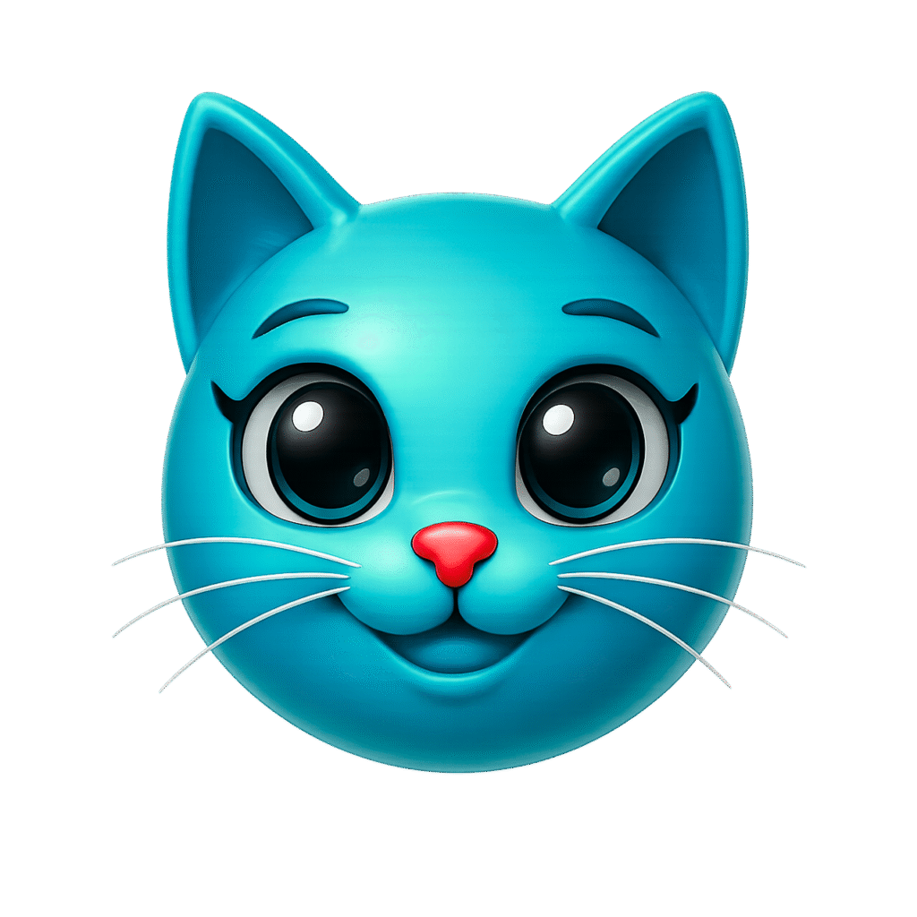 Cyan blue 3D cat face emoji with shiny big black eyes, red nose, white whiskers, and soft fur on a transparent background