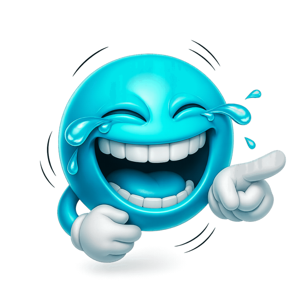 3D cyan emoji laughing with tears, pointing finger, wide smile expression, funny cartoon style PNG on transparent background