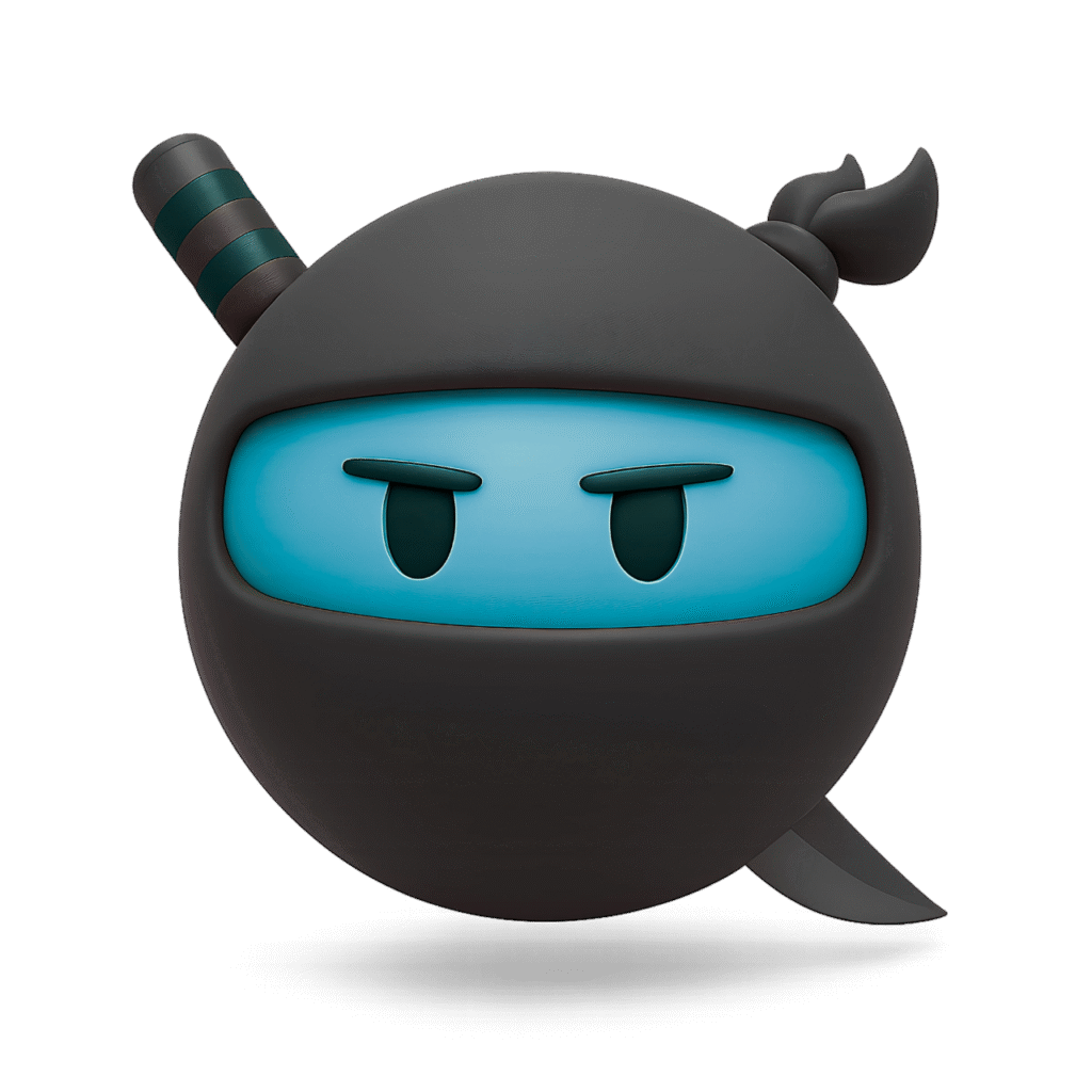 3D cartoon-style ninja emoji with glowing cyan face, intense eyes, and a black costume, carrying a green-striped sword on the back.