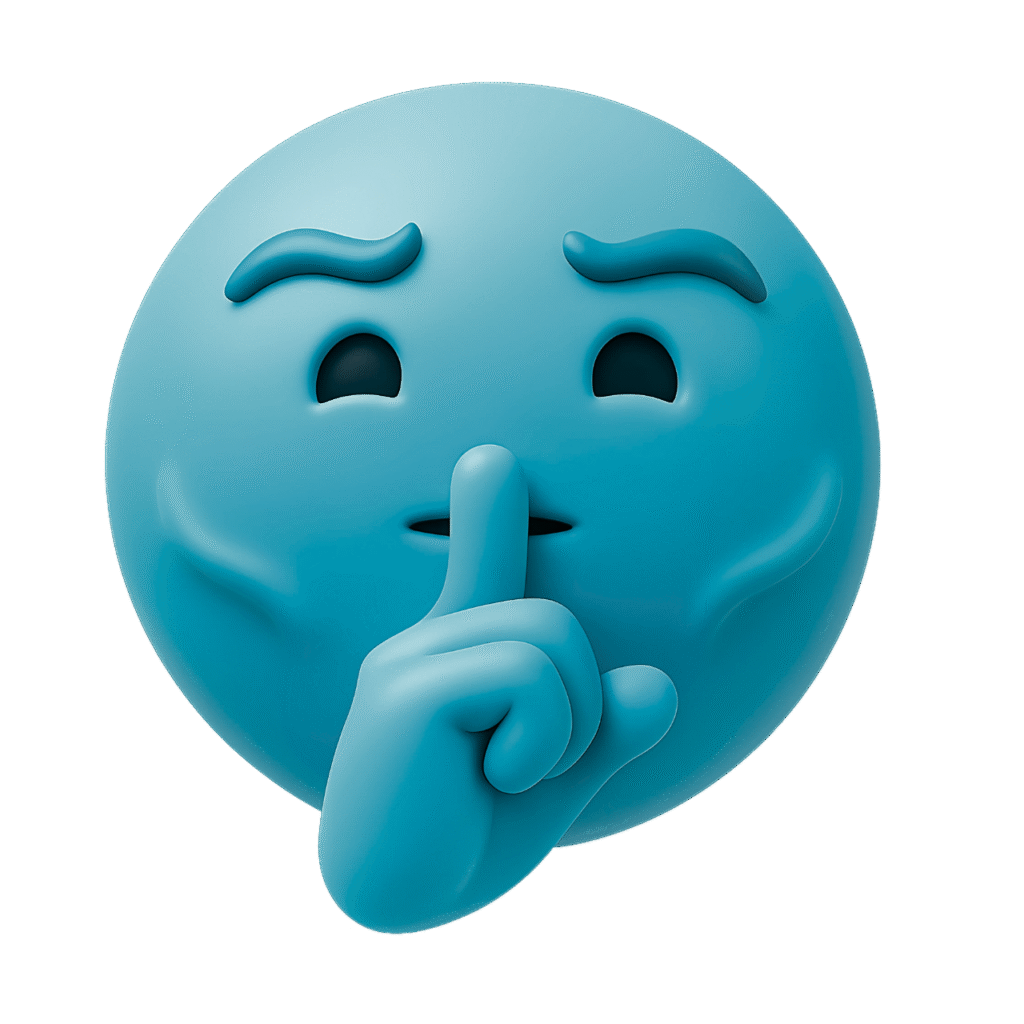 Cyan blue 3D emoji with shh gesture and finger over lips on transparent background