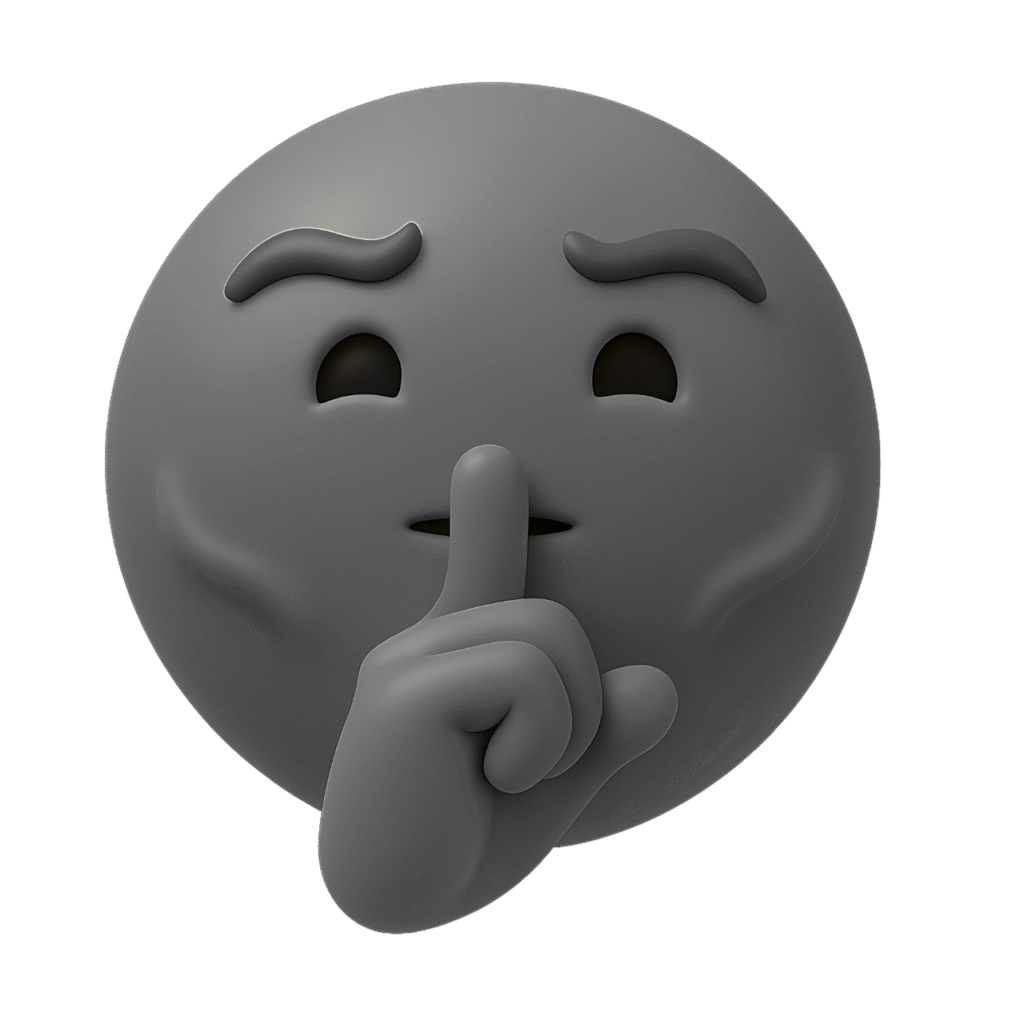 Matte black 3D emoji making a shh gesture with finger over lips, symbolizing quiet or confidentiality