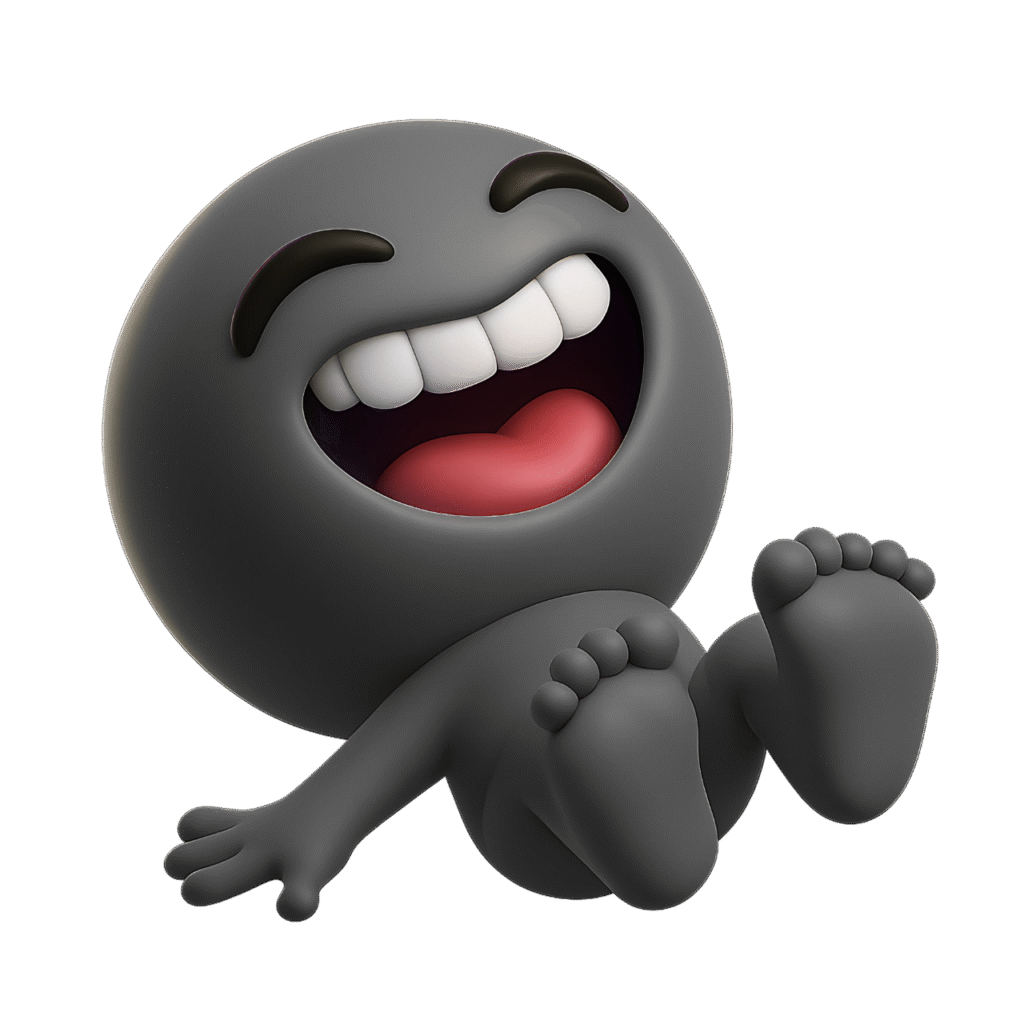 3D dark grey laughing emoji rolling on the floor with joy, mouth open wide and eyes closed, isolated on transparent background