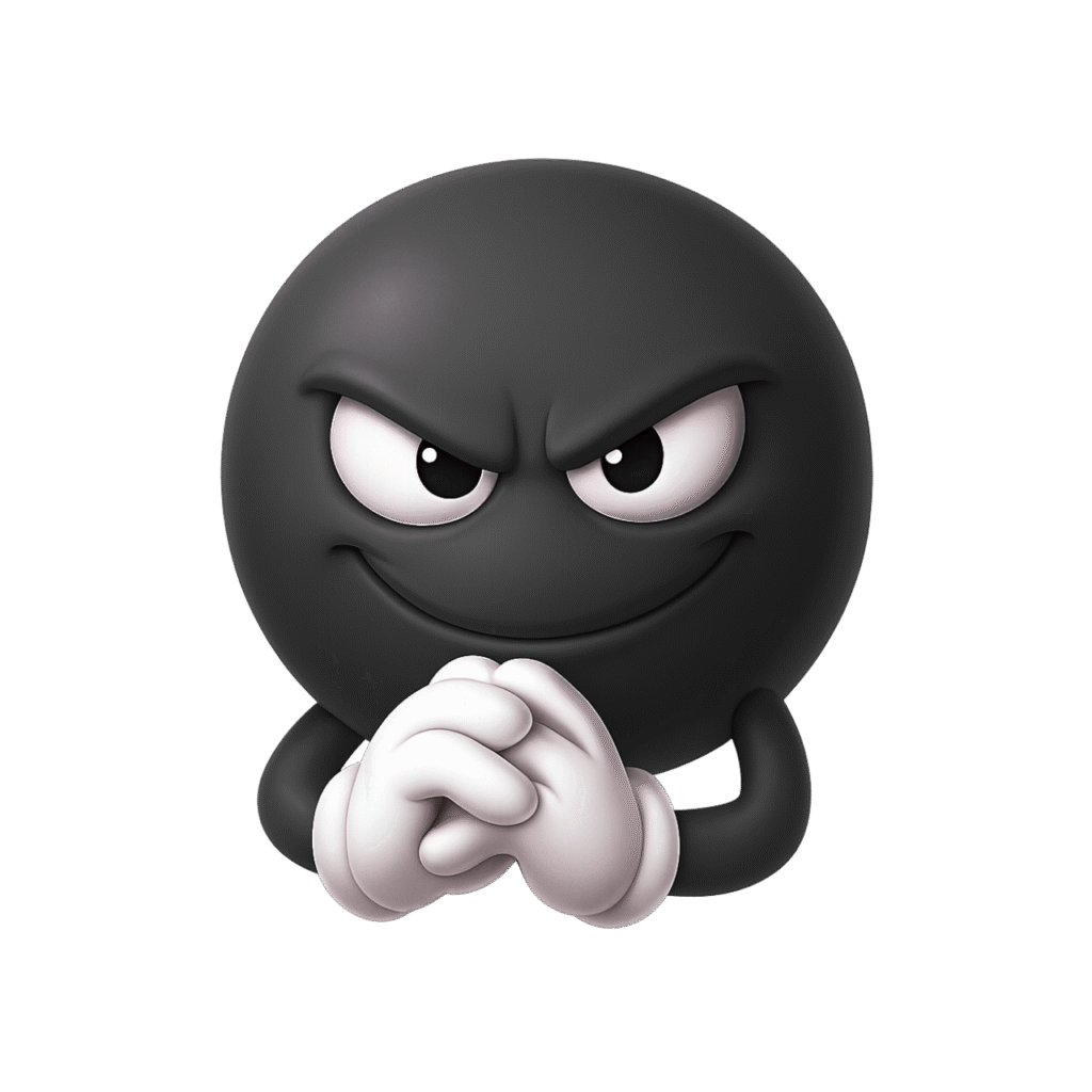 Black mischievous emoji with plotting grin and clasped hands in evil scheme pose